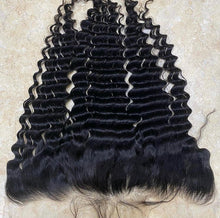 Load image into Gallery viewer, The essential hair company Luxury Lace Frontal. When applied, hair appears to grow seemingly straight from the scalp and is nearly undetectable in photos and in person. Our Frontals are crafted from 100% raw virgin hair and are easily coloured and bleached in order to fit every individual’s personal preference. This 13x6 frontal wears 13” from ear to ear, 6” from the hairline back, and can be parted in any direction giving you unlimited styling options to create your most natural finish.