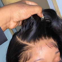 Load image into Gallery viewer, The essential hair company Lace Frontal. When applied, hair appears to grow seemingly straight from the scalp and is nearly undetectable in photos and in person. Our Frontals are crafted from 100% raw virgin hair and are easily coloured and bleached in order to fit every individual’s personal preference. This 13x4 frontal wears 13” from ear to ear, 4” from the hairline back, and can be parted in any direction giving you unlimited styling options to create your most natural finish.